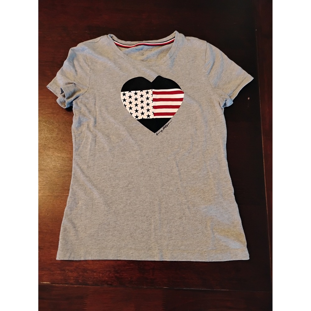 Tommy Hilfiger Womens Gray American Flag Heart Graphic T-Shirt XS